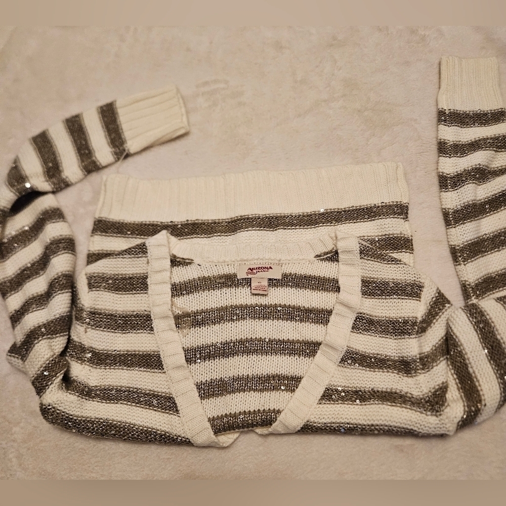 Arizona Jeans Co Cropped Striped Sequin Cable Knit Sweater - Picture 9 of 16